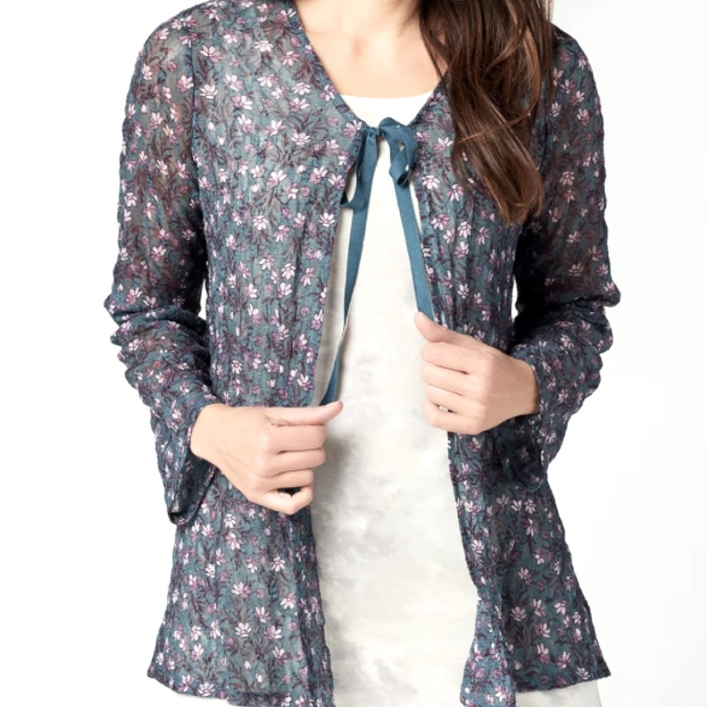 Logo by Lori Goldstein printed sheer lace cardigan with ribbon tie. Size XS